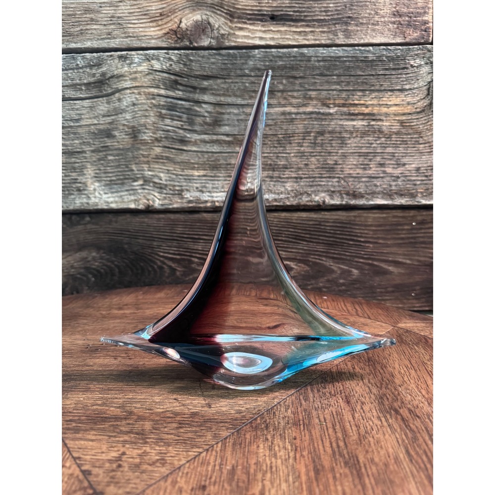 FM Ronneby Sweden Glass Sailboat Sculpture Sommerso Purple Blue Signed B838-220